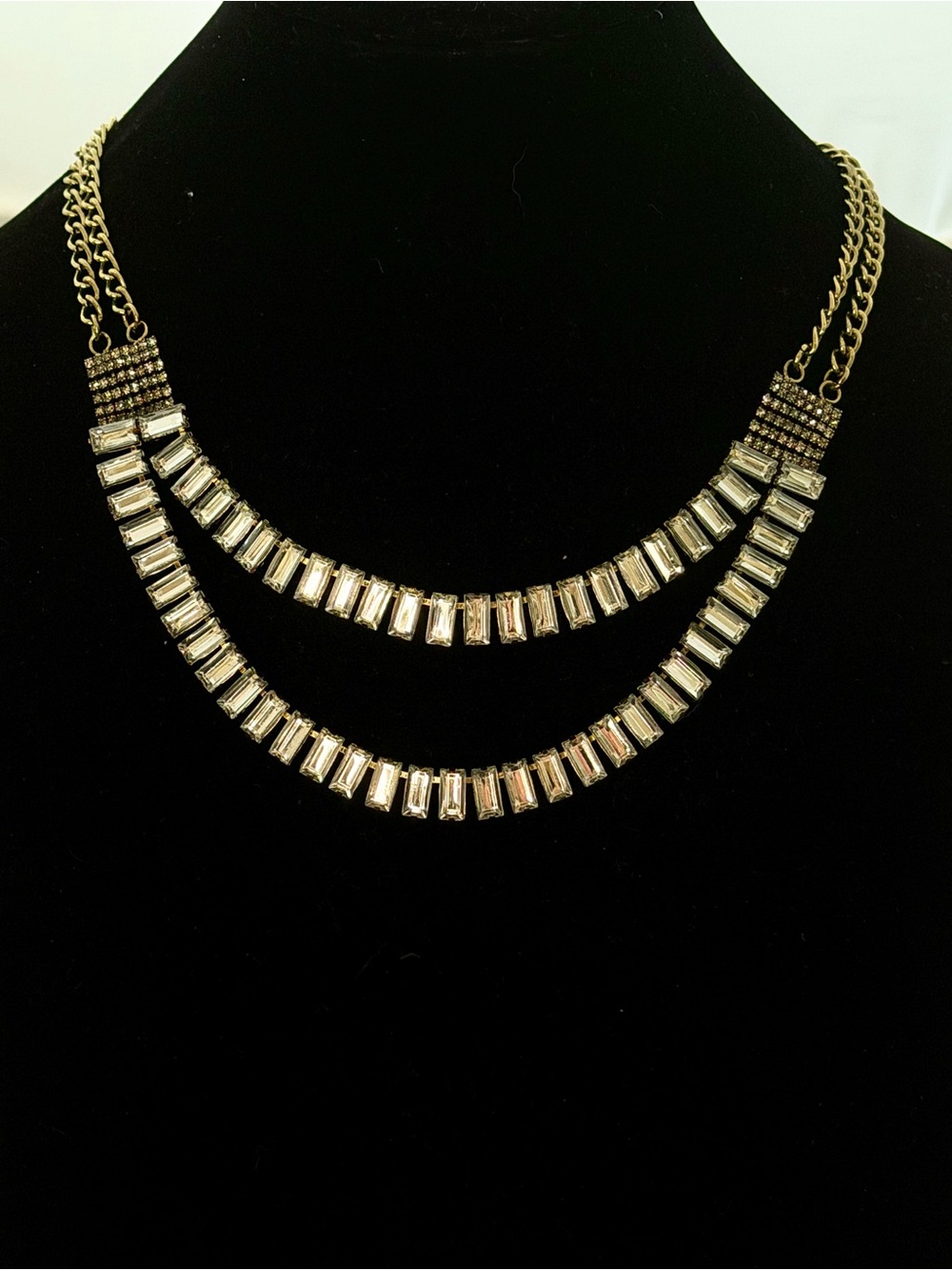 Crystal Baguette Double Layer Statement Necklace Set in Gold, NWOT